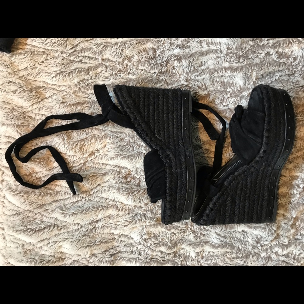 Black Lace-up Wedge Espadrille Sandals